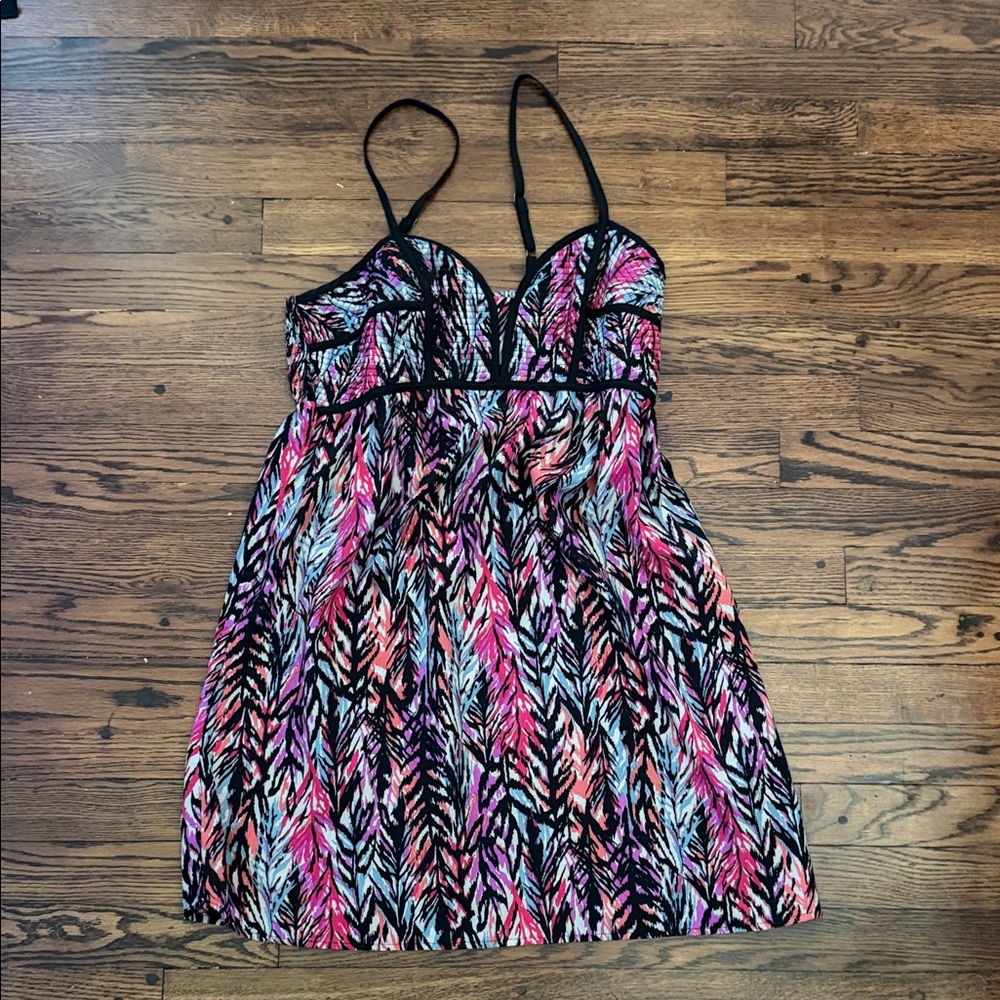 Xhilaration Colorful Leaf-Print Sundress with Black Accents